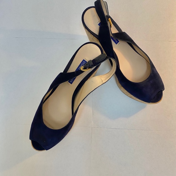 Authentic Stuart Weitzman Cork Wedge Navy Blue Suede Slingback Shoes Size 7 - Picture 1 of 8